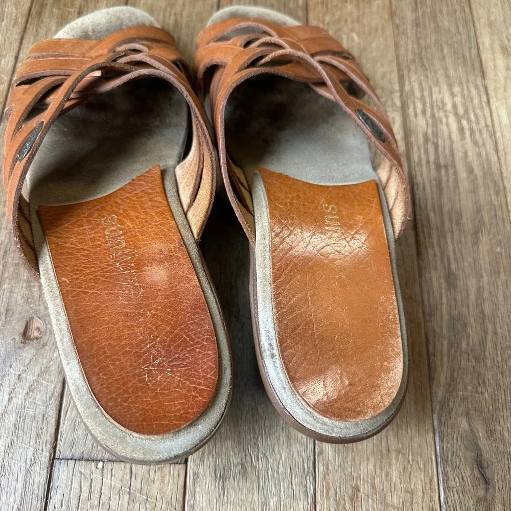 Vintage 80s Bass Sunjuns Women's Brown Leather Woven Wedge Slide‎ Sandals 7.5